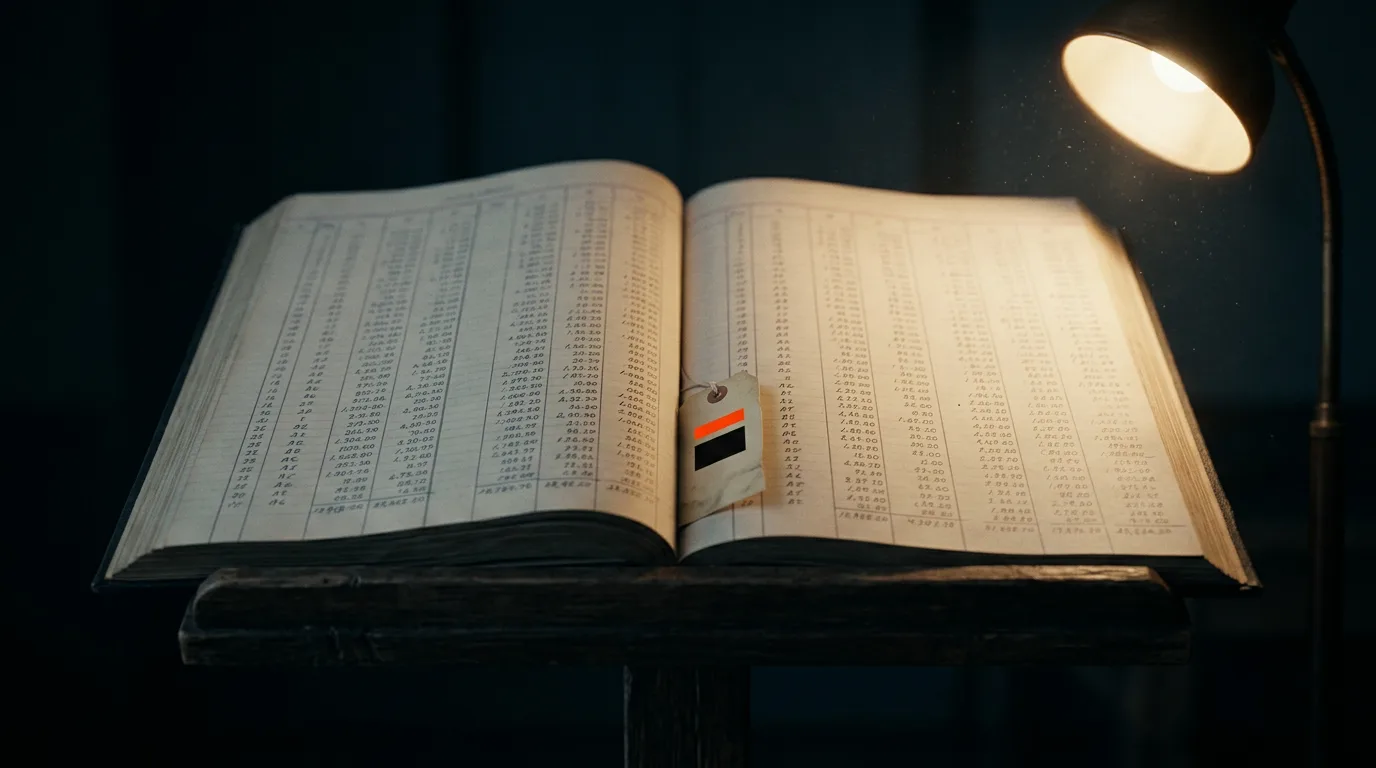 An open ledger sits under a single desk lamp, a small paper tag marked with a brand set into its spine.