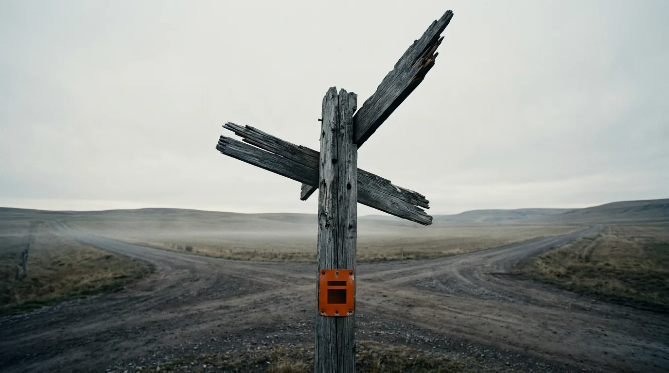 A weathered signpost points up at a country crossroads, marking a choice between indie hackers alternatives on a small plate bolted low on its post.
