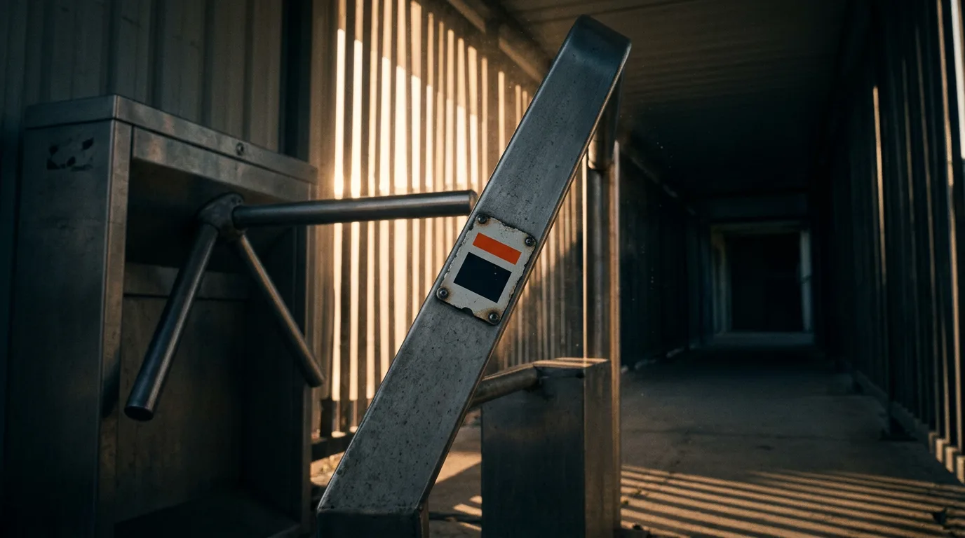 A coin-operated turnstile stands mid-turn in a dim covered walkway, a small worn tag marked with a brand riveted to its arm.