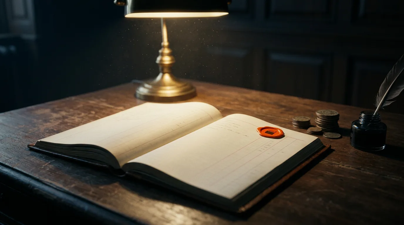 An open ledger sits under a brass desk lamp, a wax seal pressed into its corner beside a stack of coins.