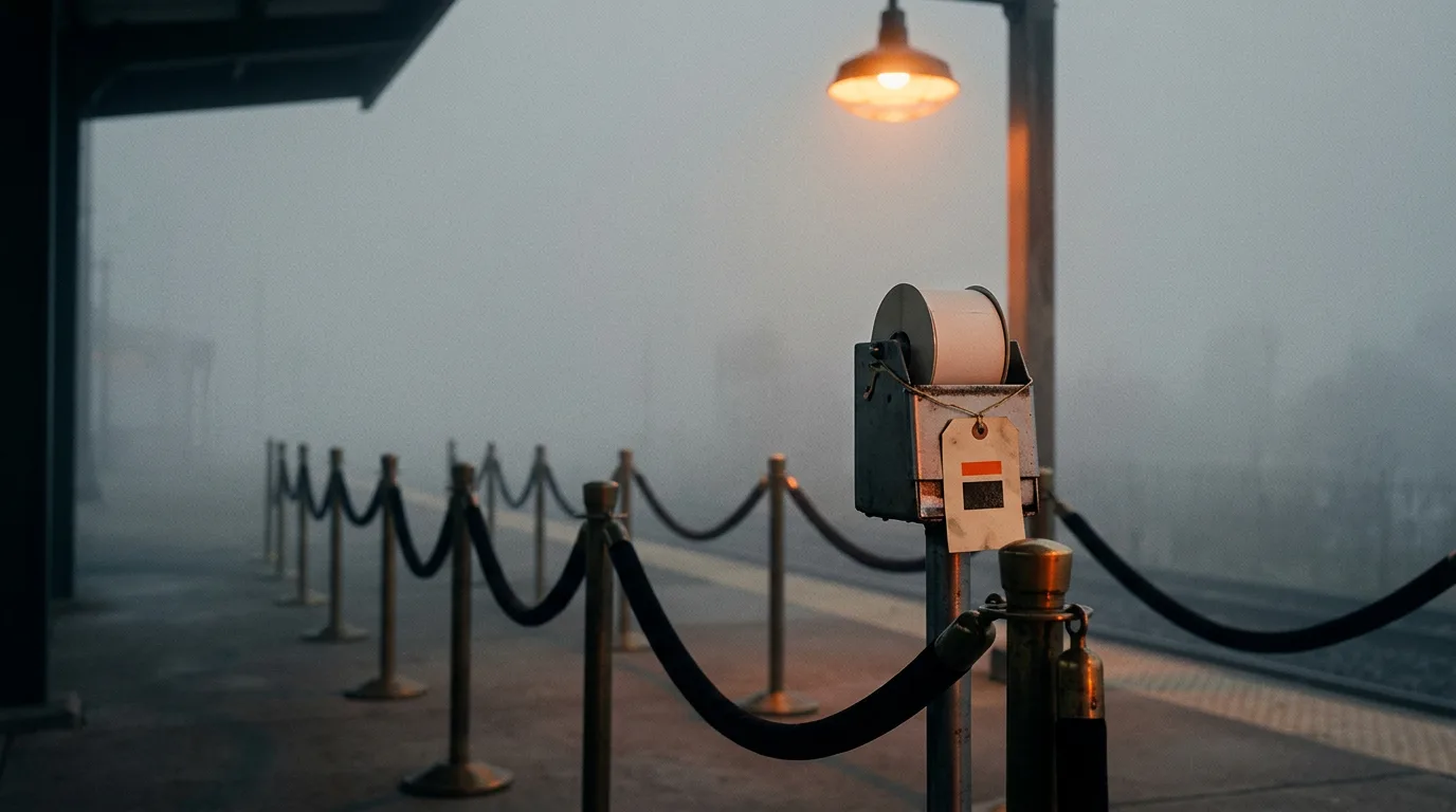 A queue marked by low stanchion ropes winds along a foggy platform toward a ticket dispenser.