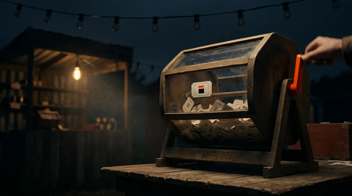 A wooden raffle drum mid-turn at a quiet fairground stall, its numbered tickets settling behind glass at dusk.