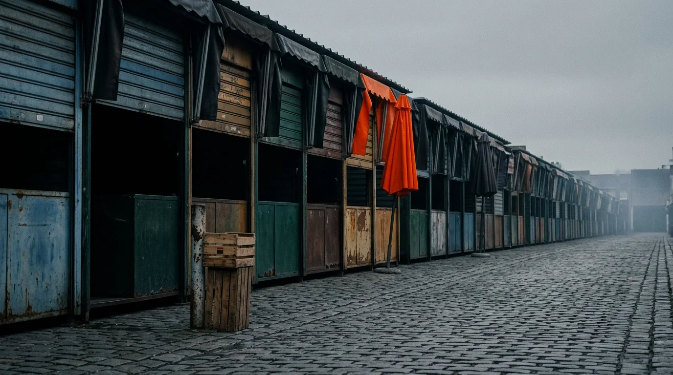 A row of half-raised market stall shutters lines an empty cobbled street at first light.
