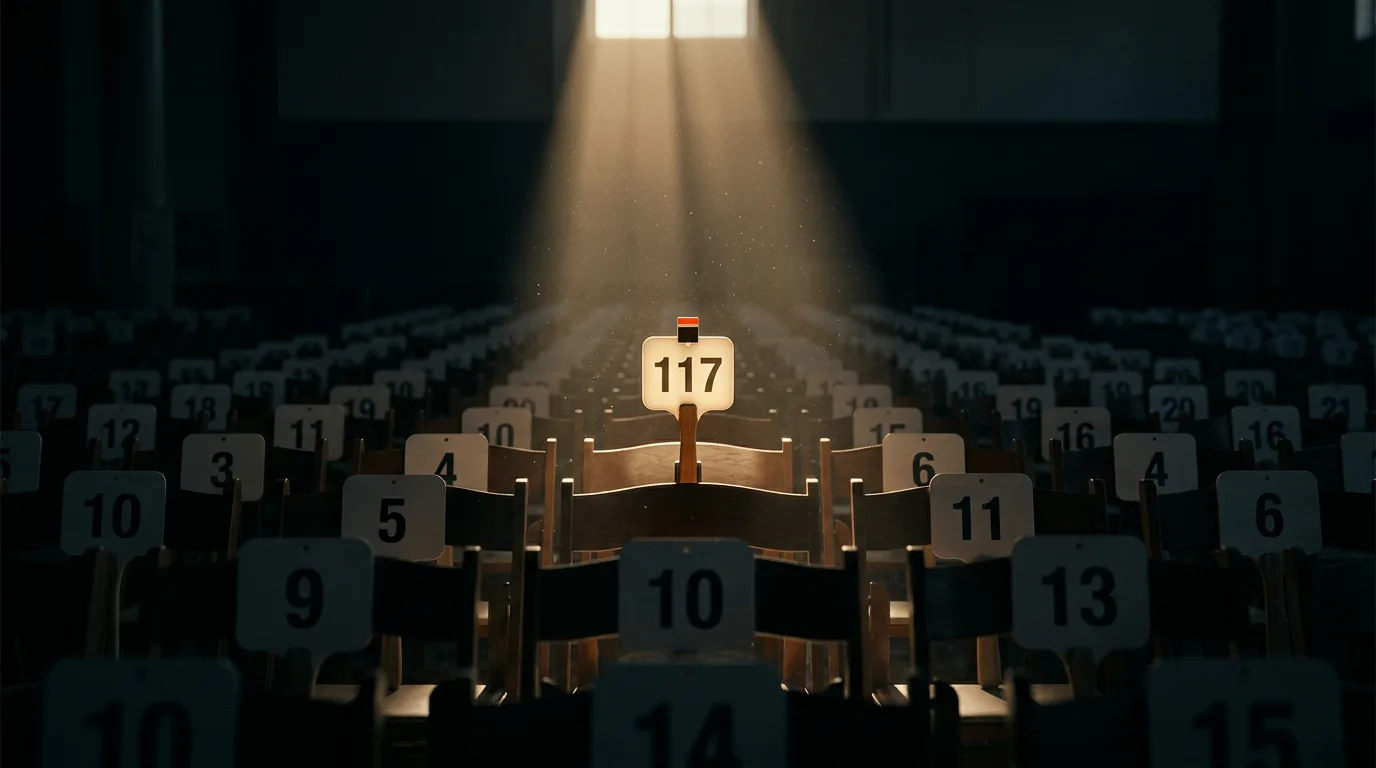 A single lit auction paddle stands upright among dozens in shadow inside an empty auction hall at dawn.