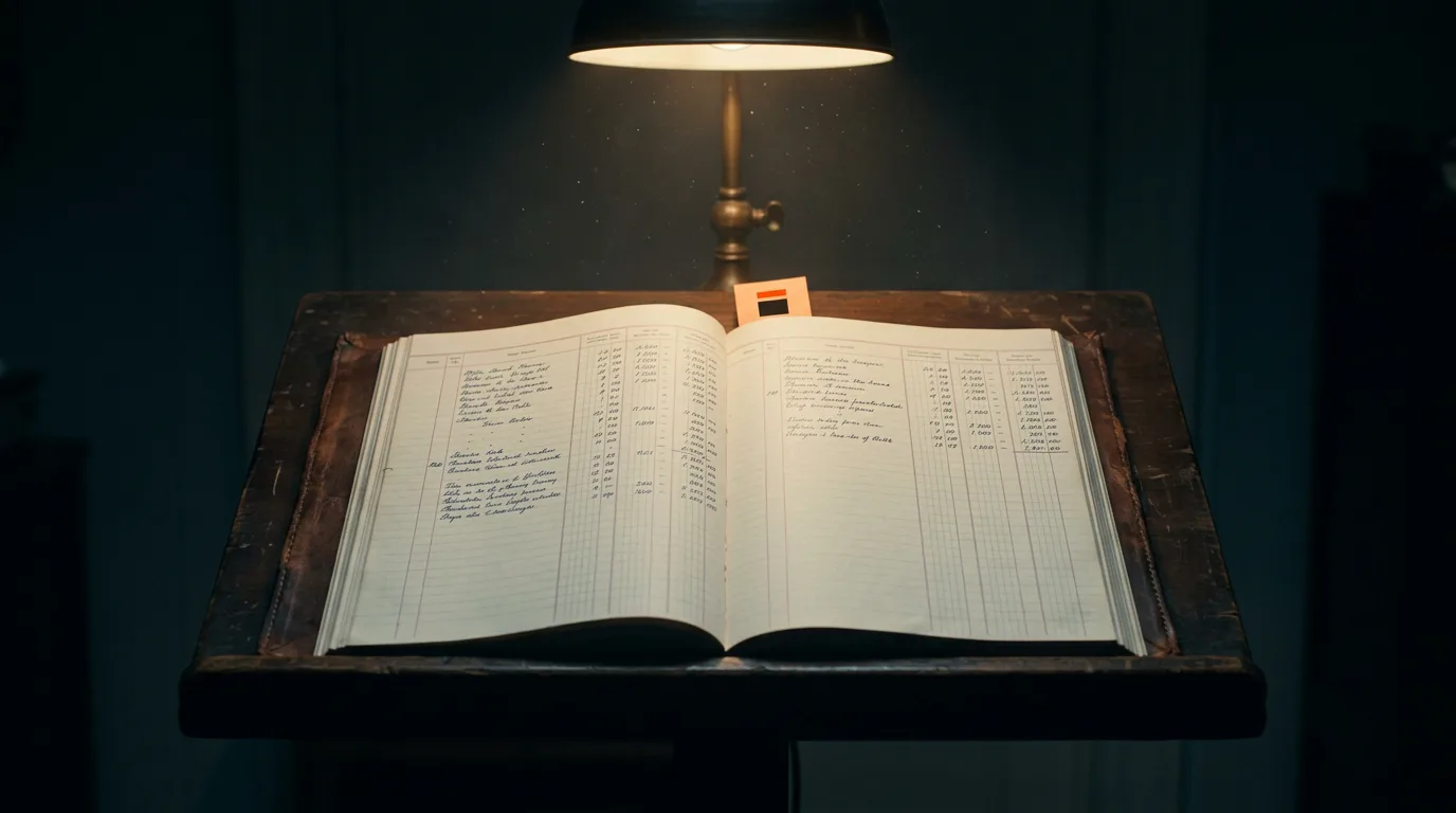 A leather ledger lies open under a single desk lamp in a quiet back office at night.