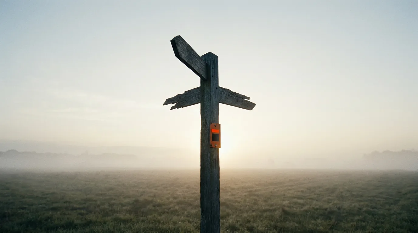 A single weathered signpost stands alone at a foggy crossroads at dawn, one arm pointing up into open sky.