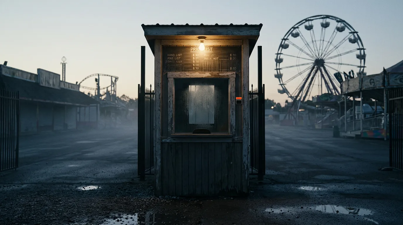A ticket booth's single bulb stays lit at a shuttered fairground midway, standing in for pricing Reddit Ads alternatives before dawn.
