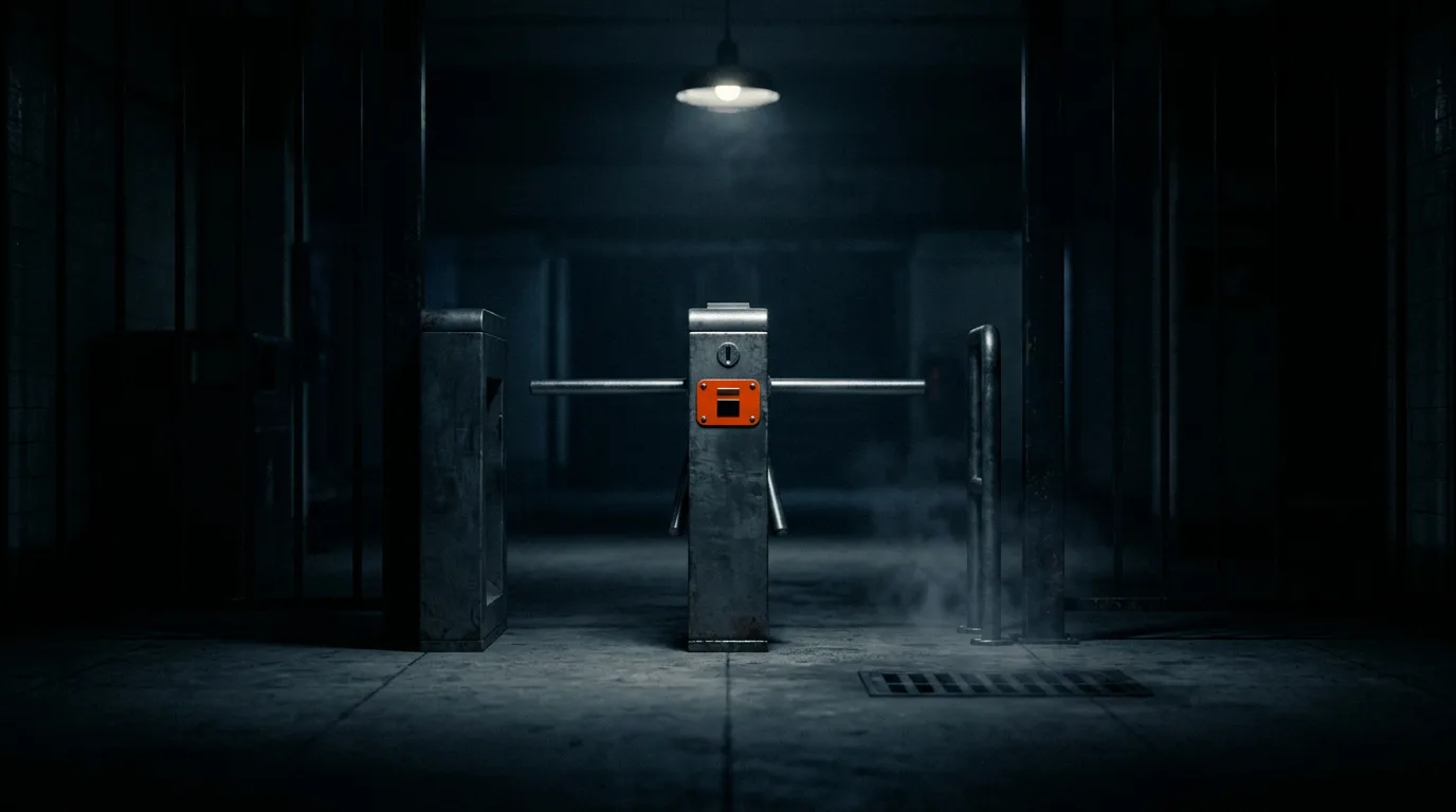 A single coin-operated turnstile stands locked at an empty subway entrance in cool blue pre-dawn light.