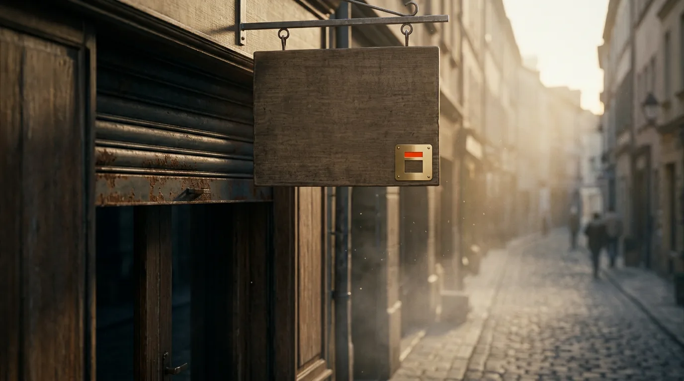 A blank wooden shop sign hangs above a closed storefront at dusk, the moment before a small business writes a tagline and hangs it for the first time.