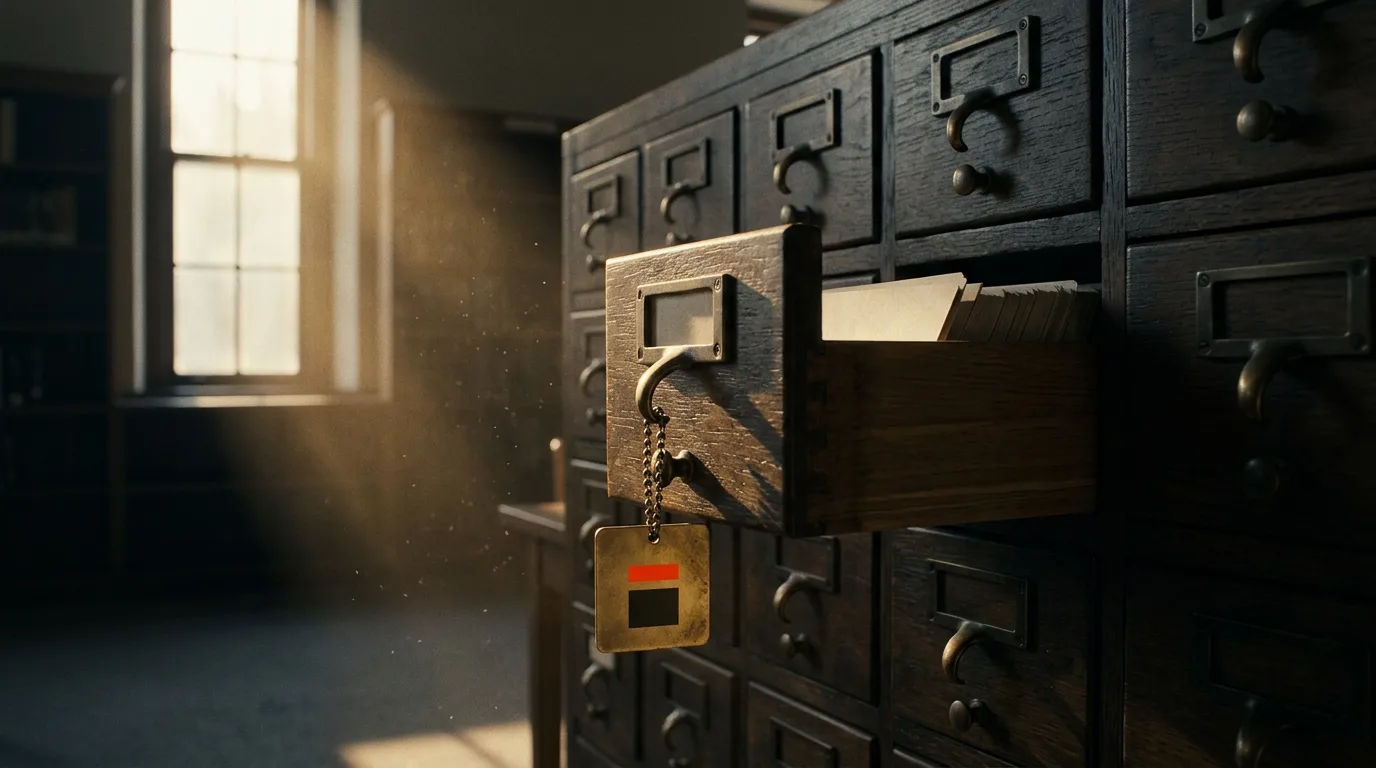 An old library card catalog drawer stands pulled halfway open in a shaft of window light.