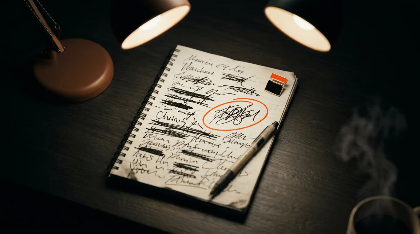 A notepad covered in crossed-out scrawl sits under a desk lamp, with one line circled.