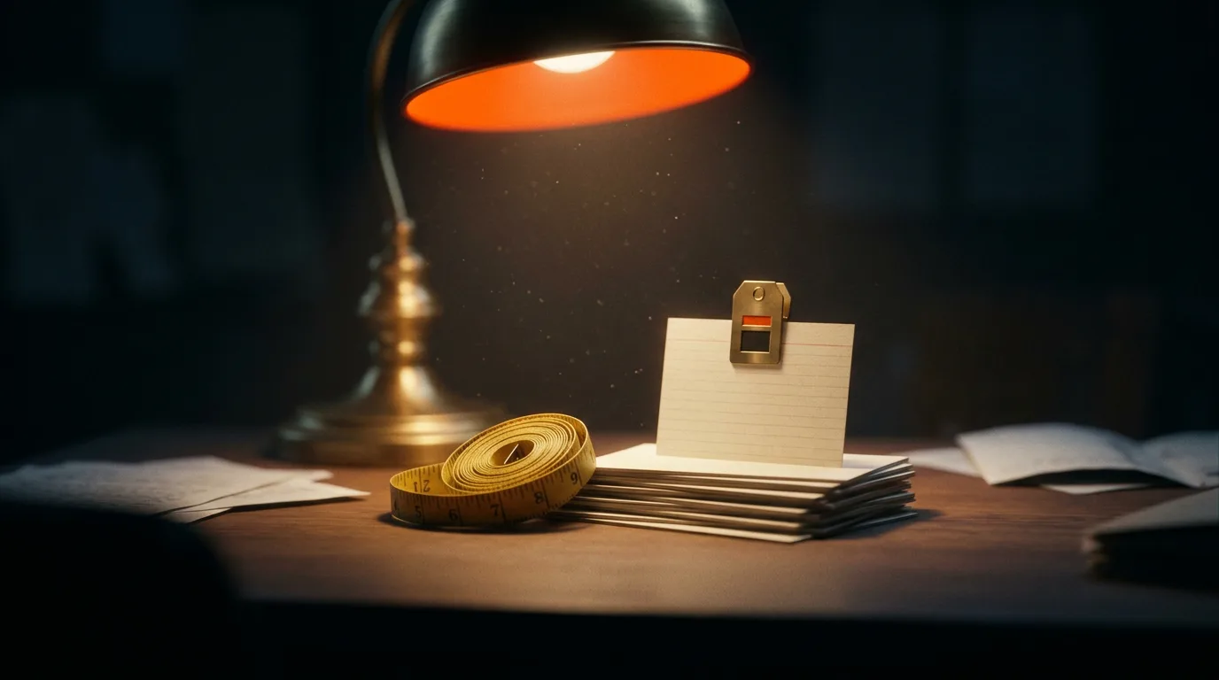 A cloth tape measure and stacked cards of different sizes sit under lamplight, the tools for how to write a tagline for a small business that fits every box.