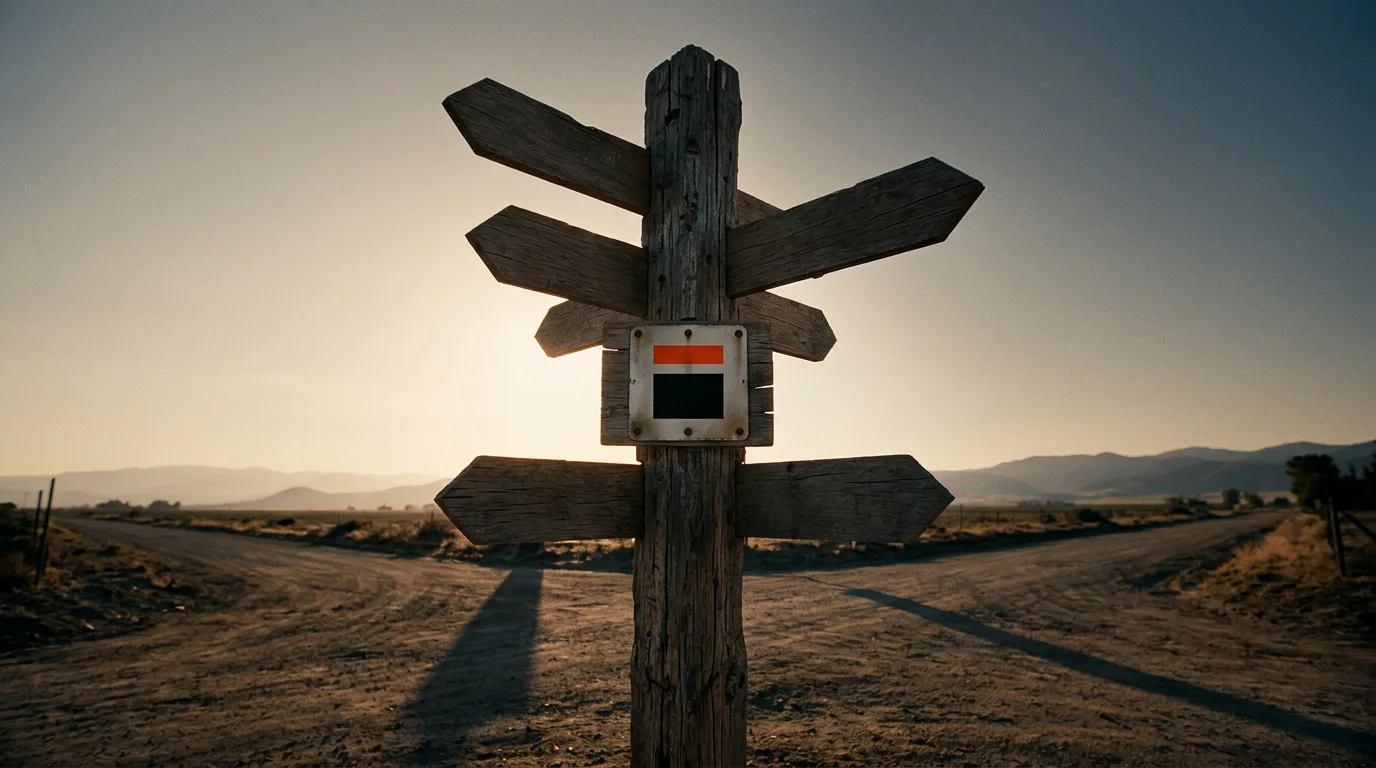 A weathered signpost at a crossroads with several arms pointing in different directions, standing for the choice between Uneed and the platforms built to look like it.