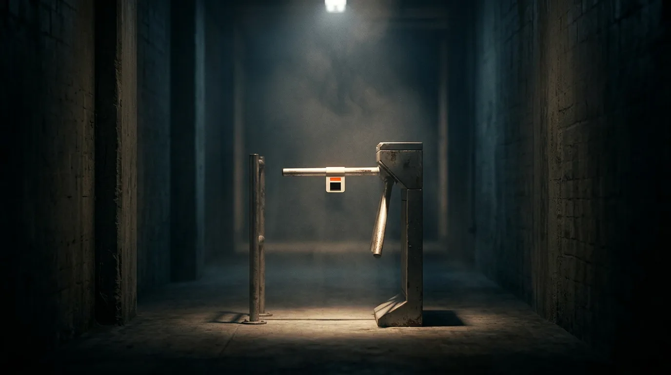A single turnstile catching a shaft of light at a narrow gate, one of several Uneed alternatives that all charge a toll to skip the same kind of line.