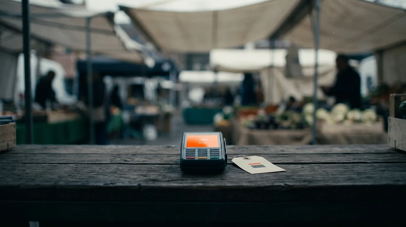 A card payment terminal glowing on a wooden market stall counter under overcast daylight.