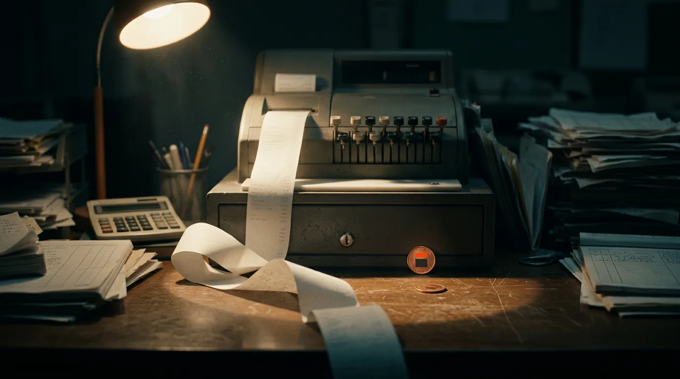 An old mechanical till with a long paper receipt curling into a pool of desk-lamp light.