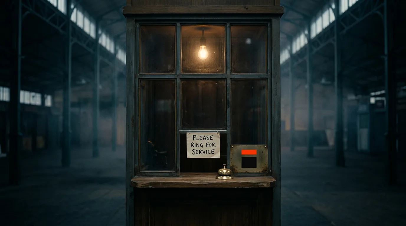 A closed ticket booth window with a small brass bell, lit by a single bulb at dusk, standing in for a BuySellAds alternatives search that keeps landing on the same sales-call model.