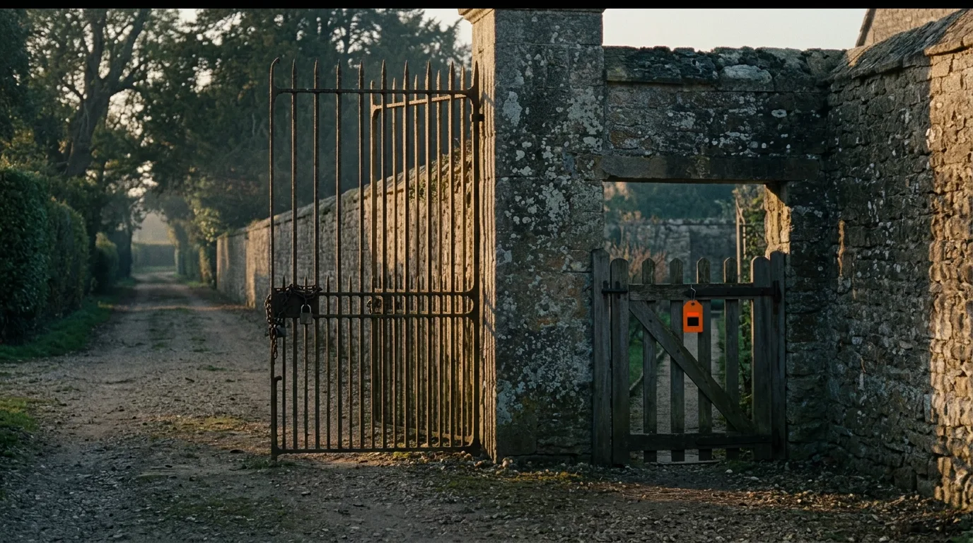 A tall locked iron gate beside a smaller open wooden gate in an old stone wall at dusk.