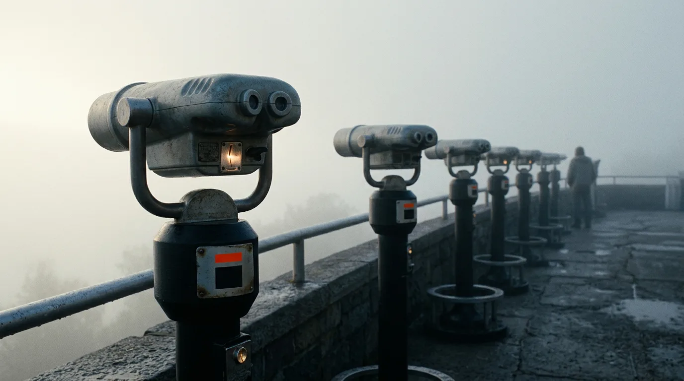 A row of coin-operated binoculars at a foggy overlook, one coin slot glowing, a small plate on the nearest stand marked with The Board.