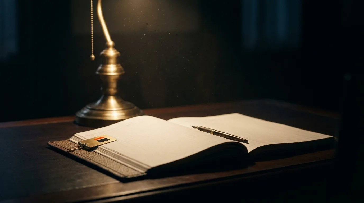 An open ledger totaling up the cheapest way to advertise, dollar by dollar, under a desk lamp at night, a small brass tag on its cover marked with The Board.