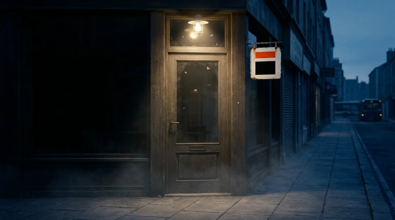 A single porch light burning above a closed shop door as the street falls into blue dusk, a small enamel sign beside the door marked with The Board.