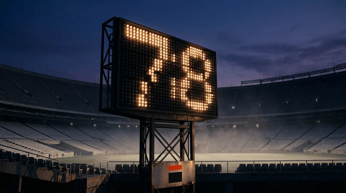 An empty stadium scoreboard lit against a darkening sky mid-change between two numbers, a small sponsor plate at its base marked with The Board.