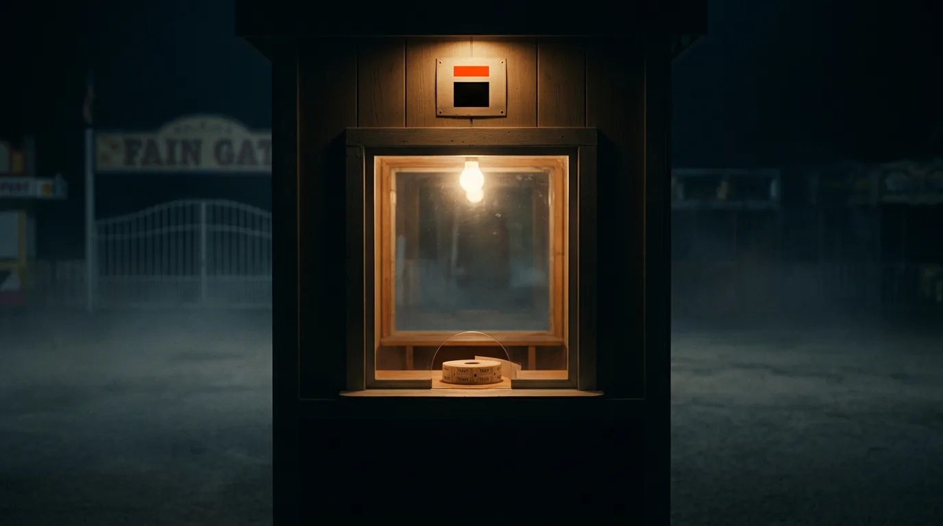 A single lit ticket booth window at a fairground before opening, a roll of paper tickets on the counter inside, a small painted plate above marked with The Board.