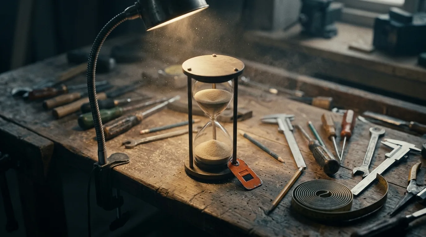 An hourglass on a cluttered workbench, its sand nearly run through, lit by a single work lamp.
