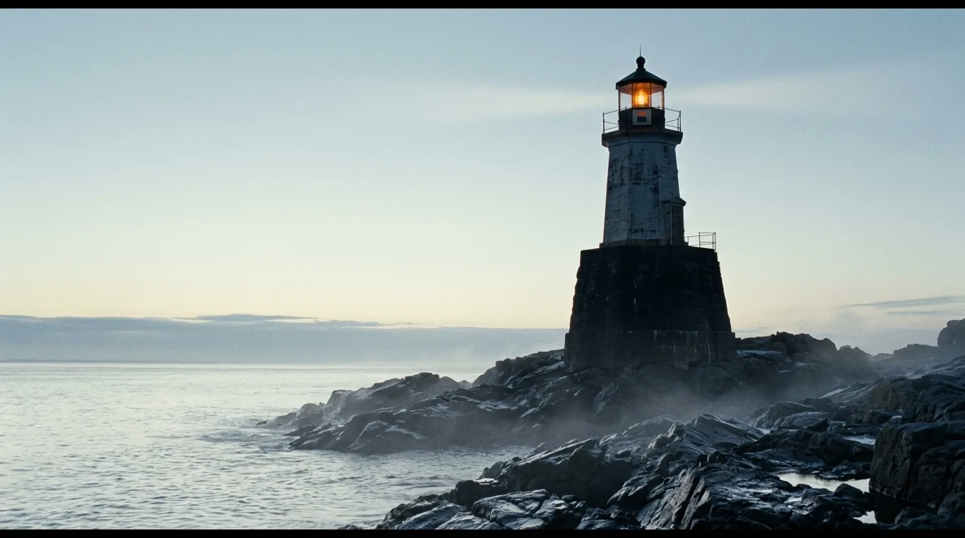 A lighthouse on a rocky point at first light, its beam faint against a pale dawn sky.