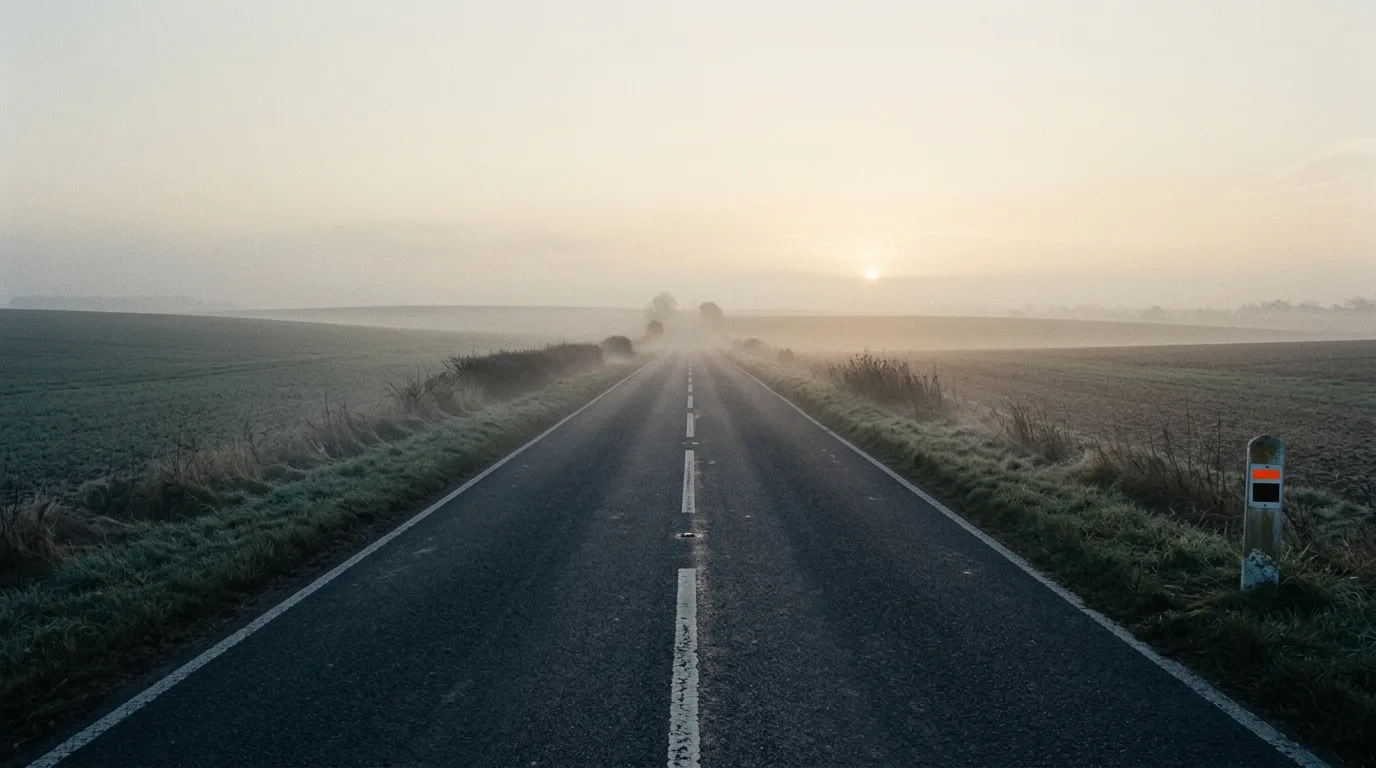An empty two-lane road stretching toward a hazy horizon through open farmland at dawn.