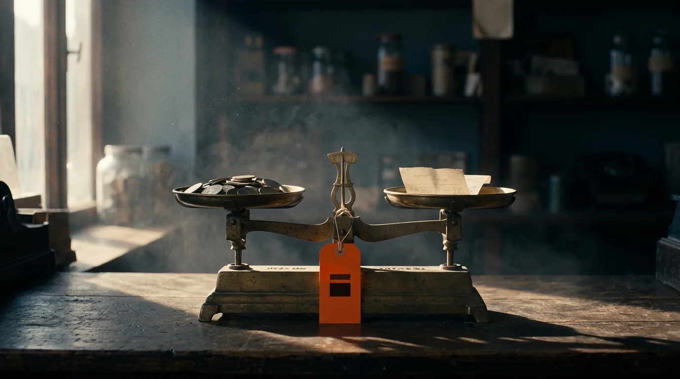 A brass balance scale on a shop counter, coins on one side and a folded receipt on the other.