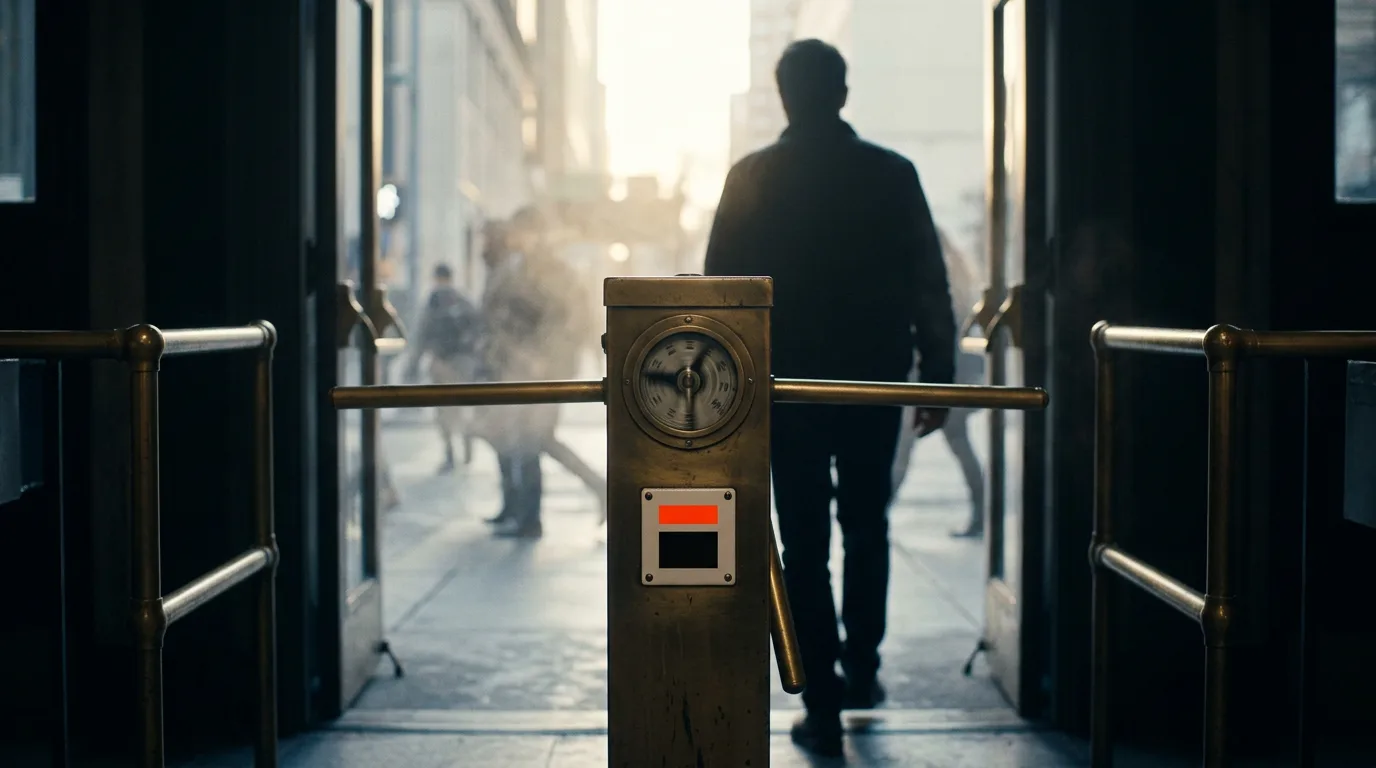 A brass turnstile mid click at dawn, standing in for CTR meaning: the share of viewers who actually click through.