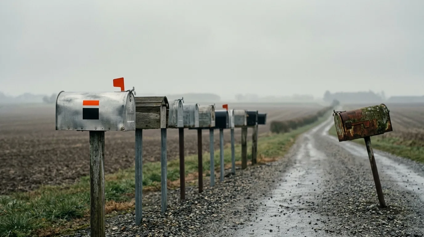 A row of ten roadside mailboxes, the first one polished from daily use and the last one rusted shut.