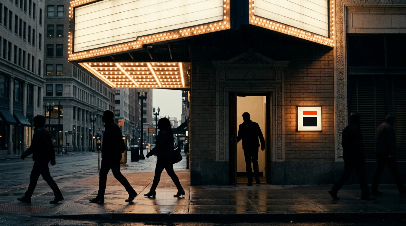 A glowing marquee above a narrow doorway on a rainy dusk street, with only one figure turning to step inside.