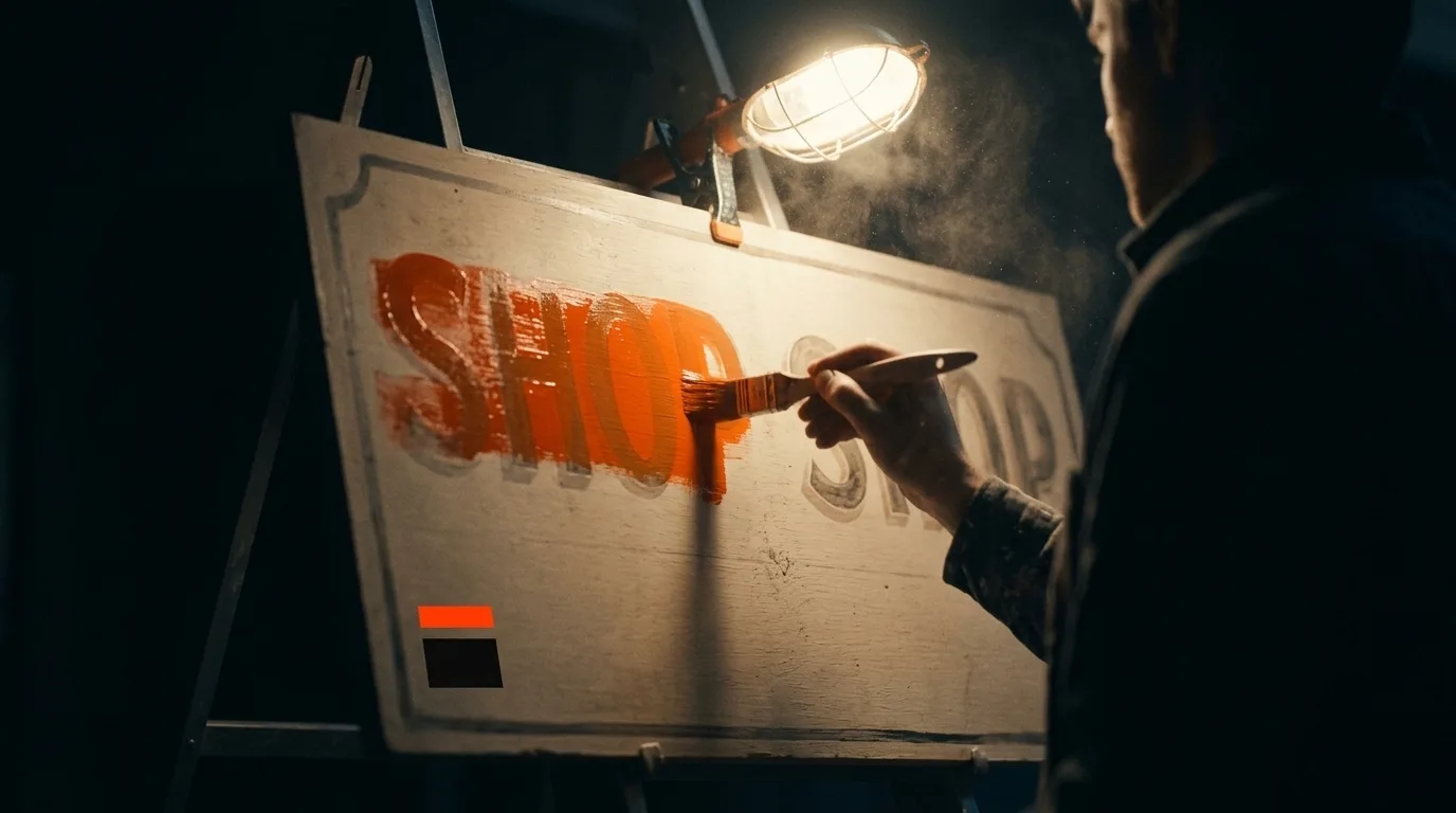 A hand repainting a shop sign under a single work lamp at night.