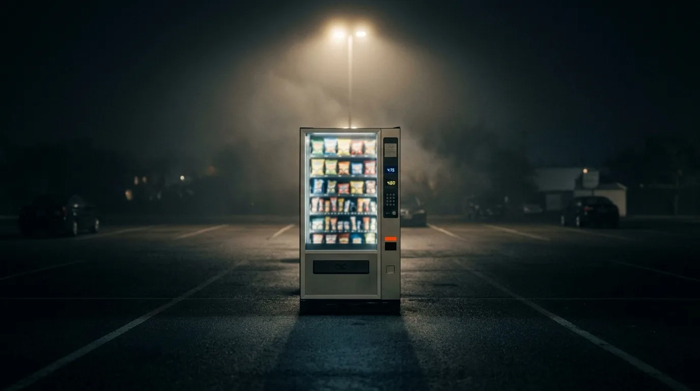 A lit vending machine alone in a foggy parking lot at night, its counter ticking upward with no one nearby.