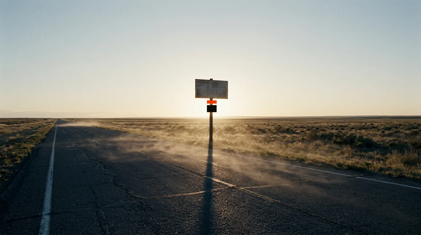 A long stretch of empty road at dawn with a single lit signpost, the road running toward the horizon.