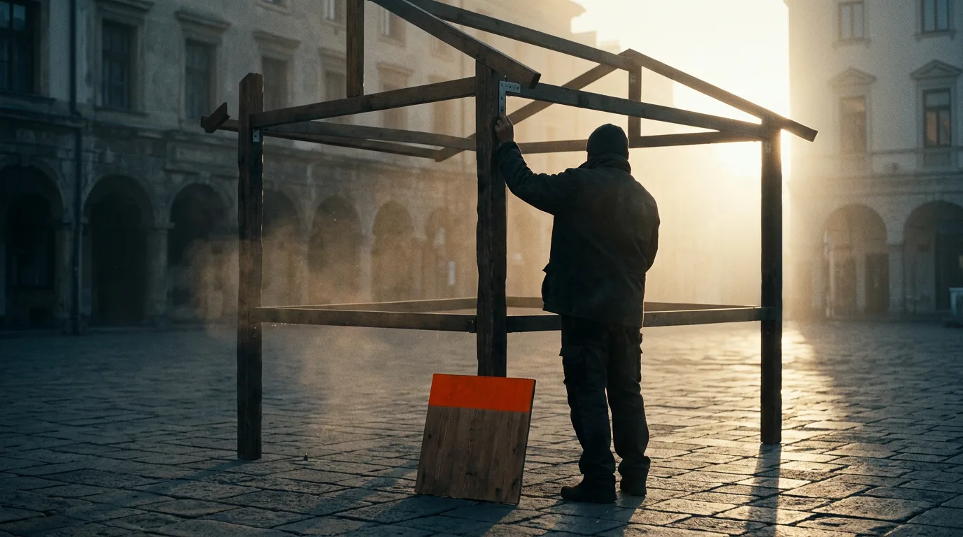 A market stall frame being assembled before dawn, a sign leaning against the post, not yet hung.