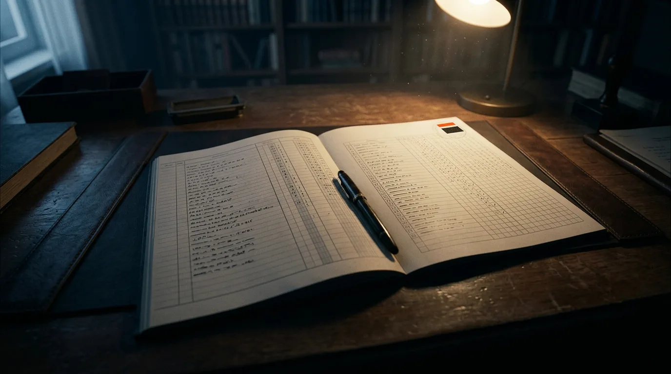 A checklist page and a pen resting on a wooden desk lit by a single lamp before dawn.