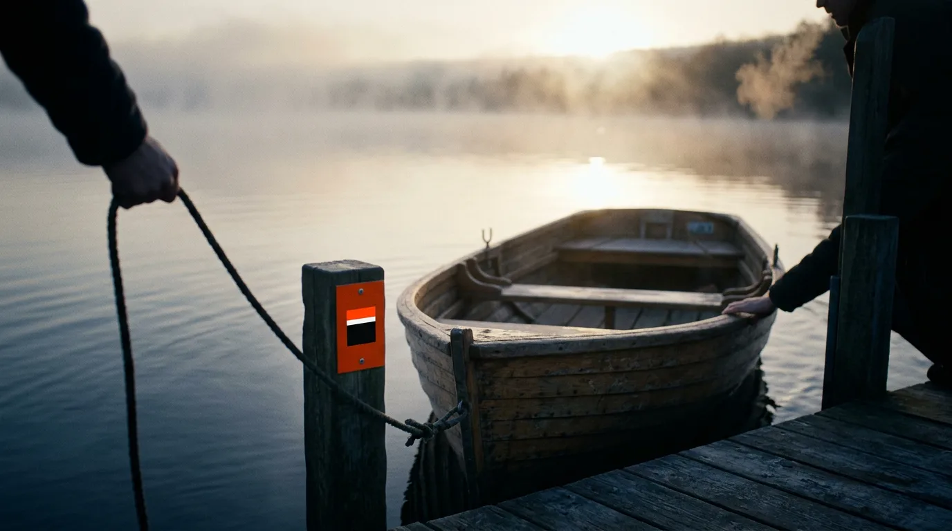 A small wooden rowboat pushed off a quiet dock at first light, mist lifting off the water.