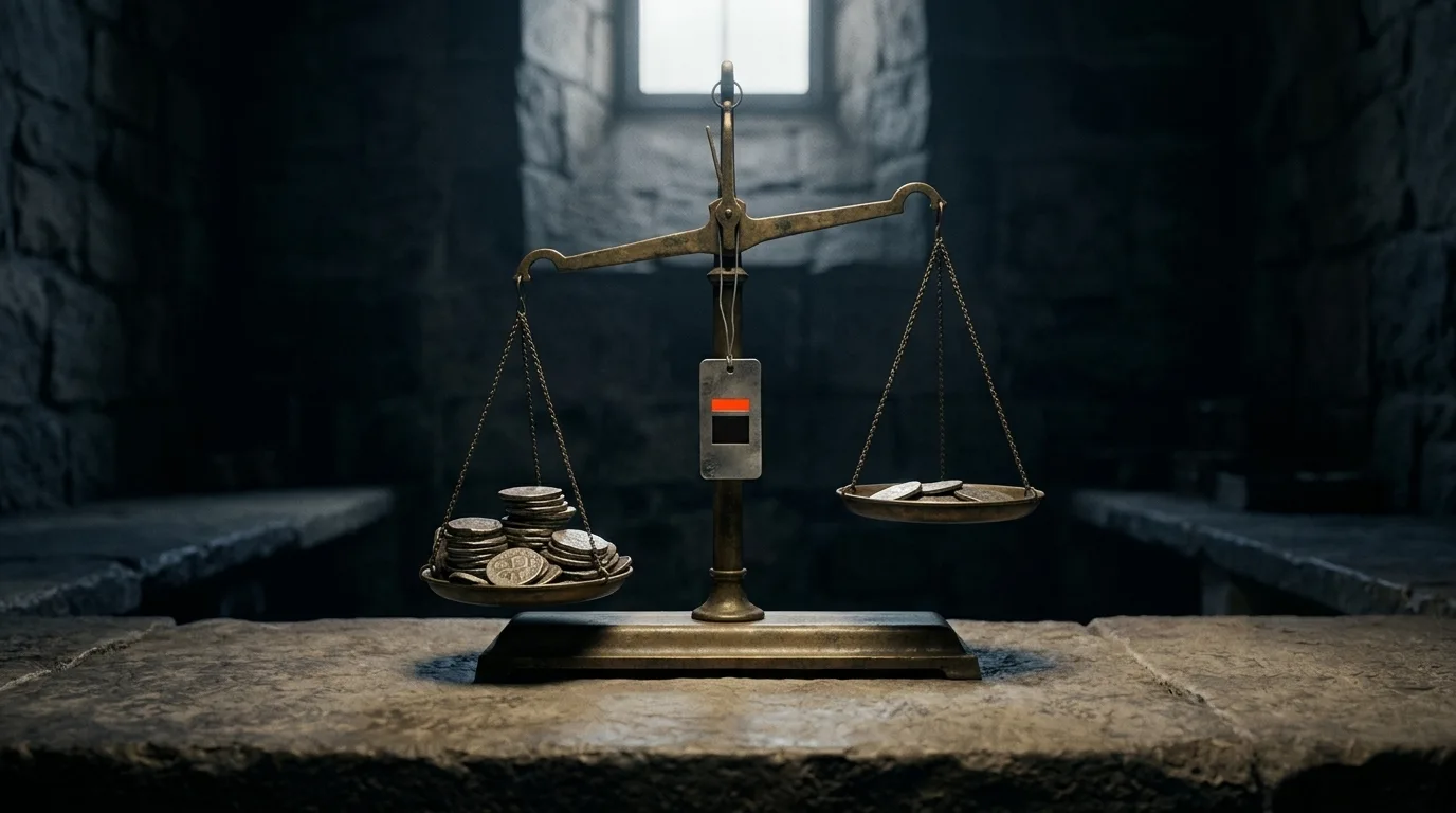 An old brass balance scale on a stone counter, weighted low on one side by a stack of coins.