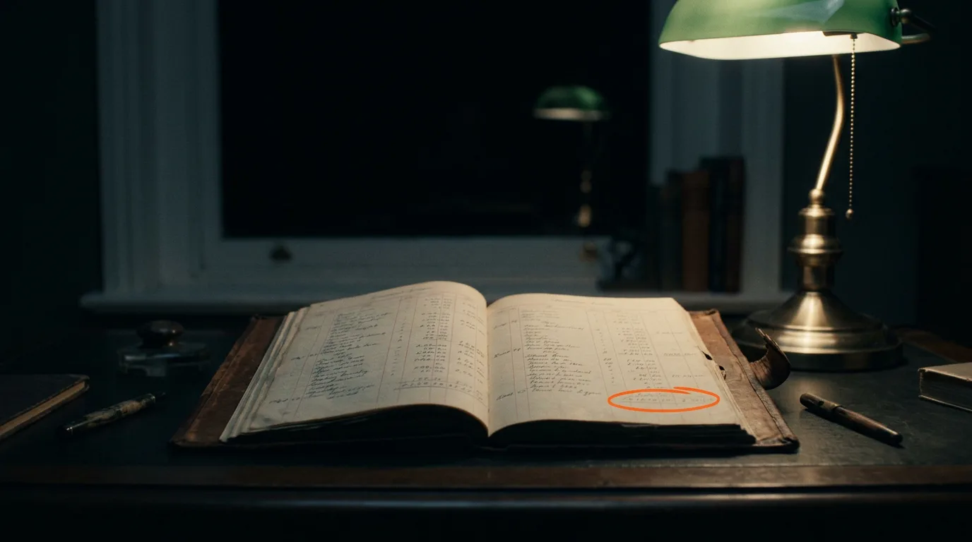 A leather ledger open under a desk lamp, one line of numbers circled in orange ink.
