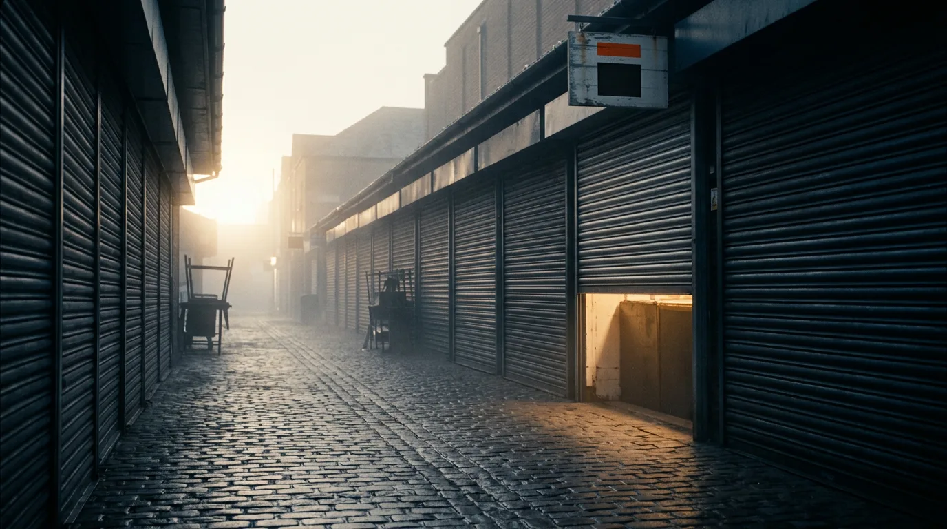 A row of shuttered market stalls at dawn, only one shutter raised with light spilling out.
