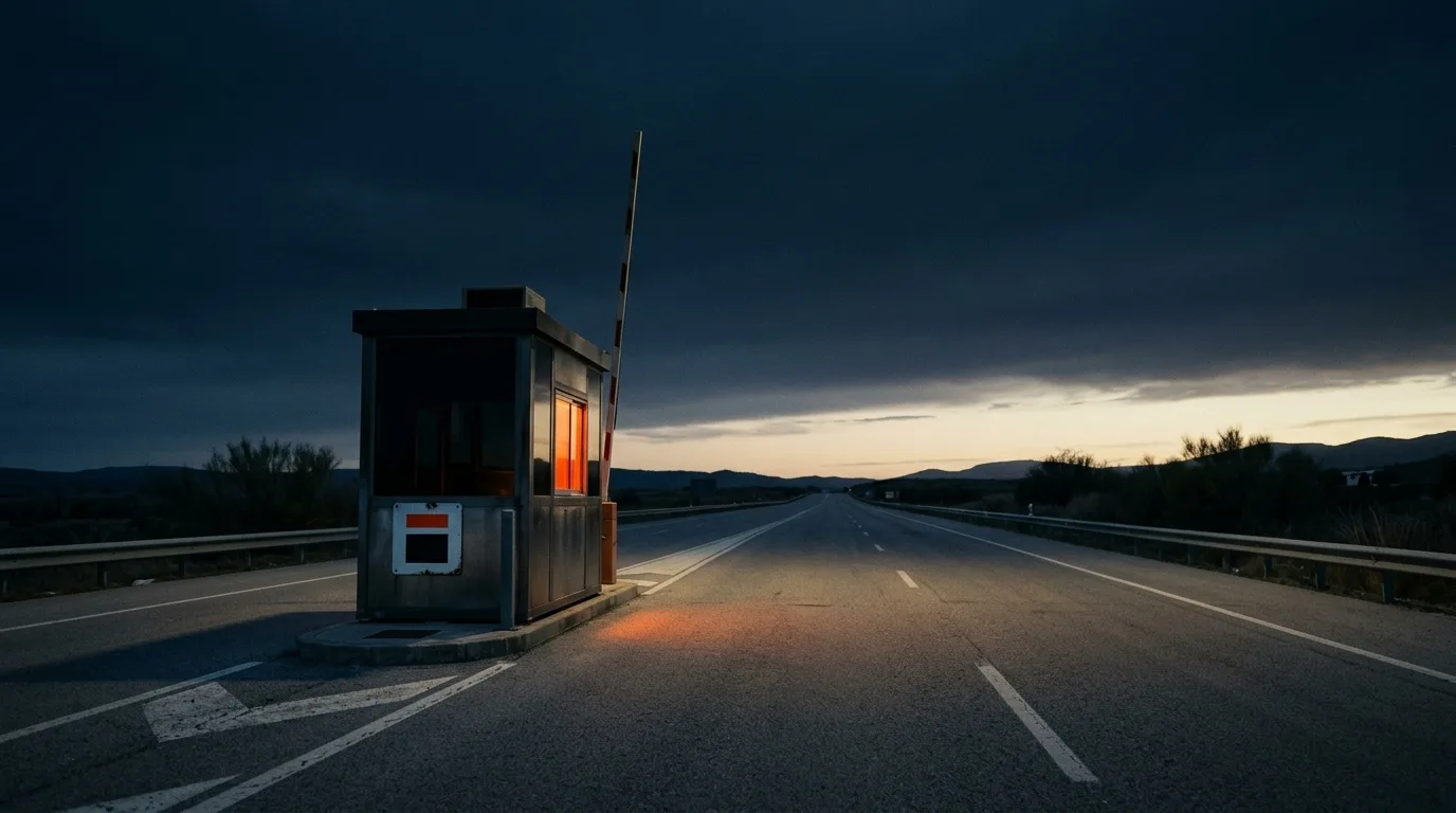 A single tollbooth on an empty highway at dusk, its barrier arm raised.
