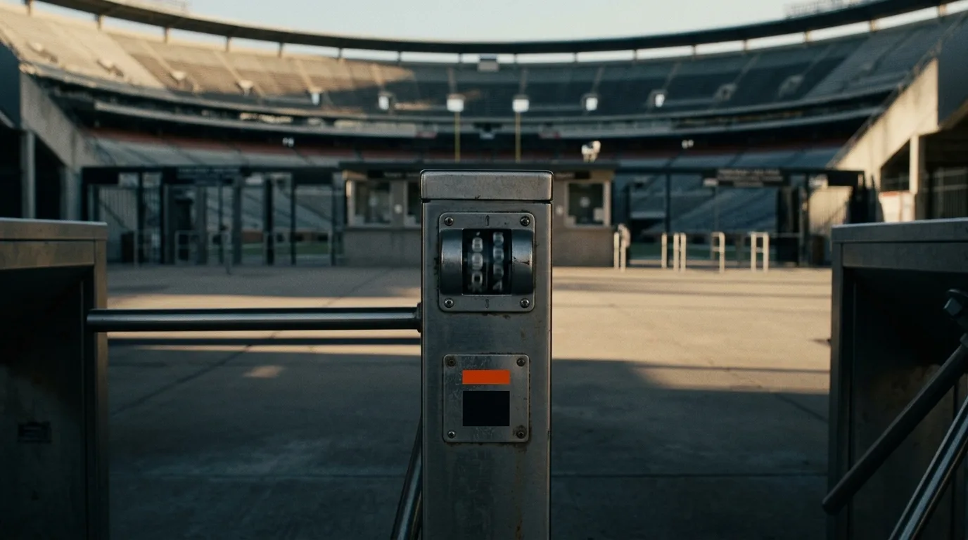 An empty stadium turnstile at dawn, its counter dial mid click, the same tally CAC runs on: one customer at a time.