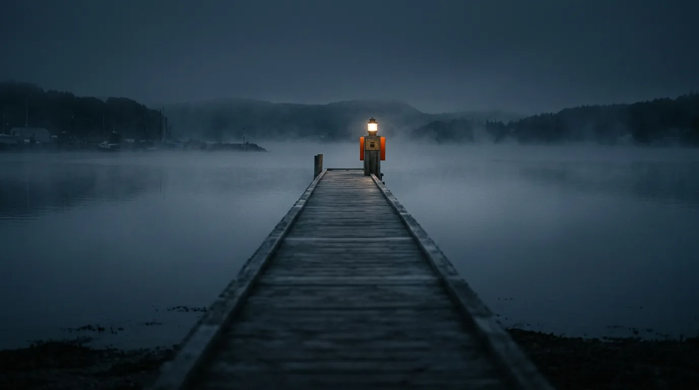 A narrow wooden footbridge crossing a still harbor at dawn, one lamp lit at the far end.