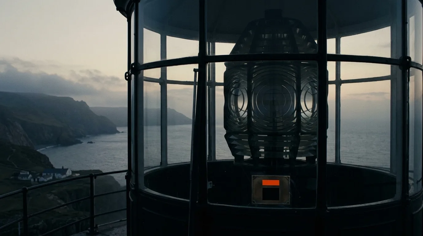 A lighthouse lamp room at dusk with the lens dark and no light on inside it.