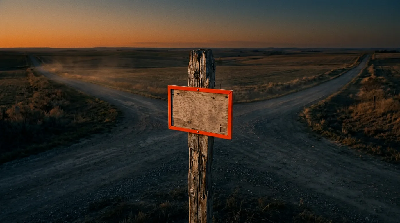 A weathered signpost at a rural crossroads holding a single blank placard at dusk.