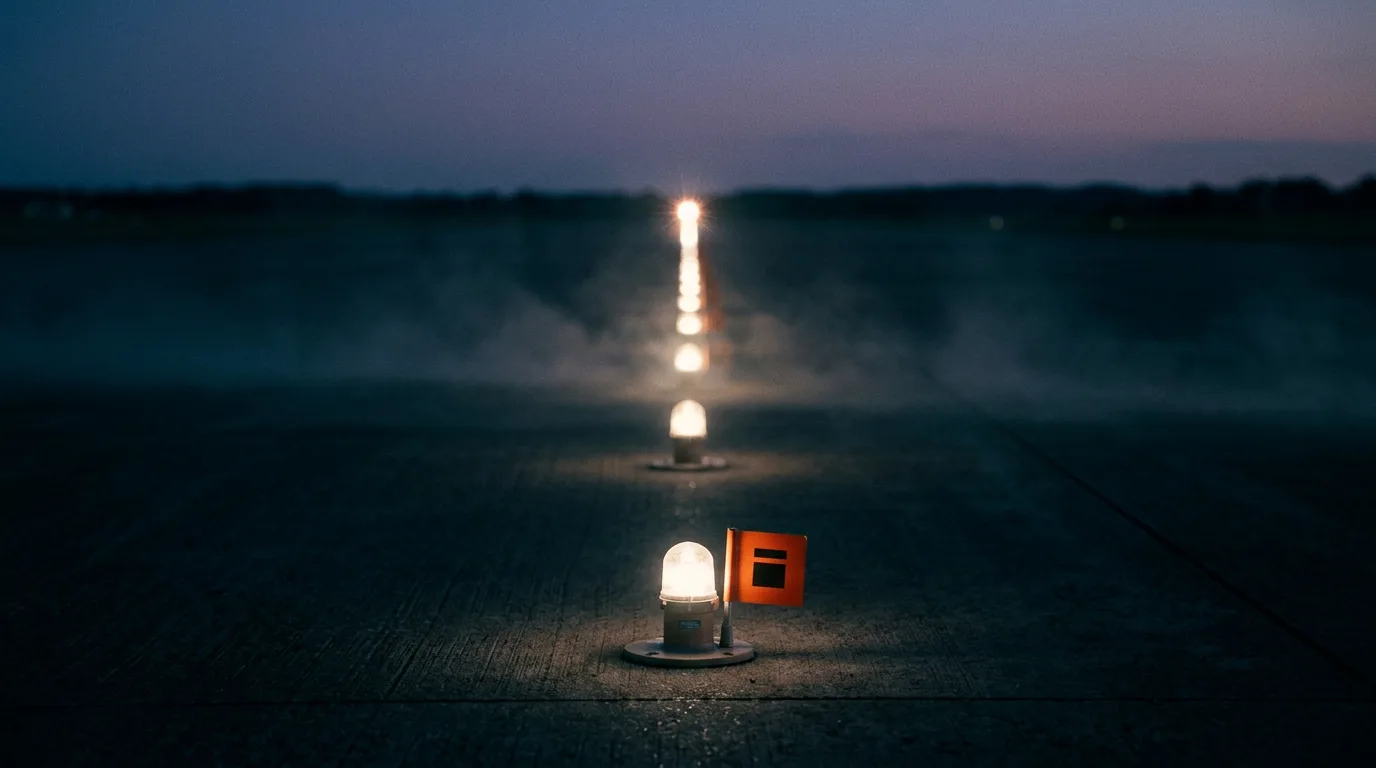 A row of runway lights switching on one at a time toward one bright light at the far end, at dusk.