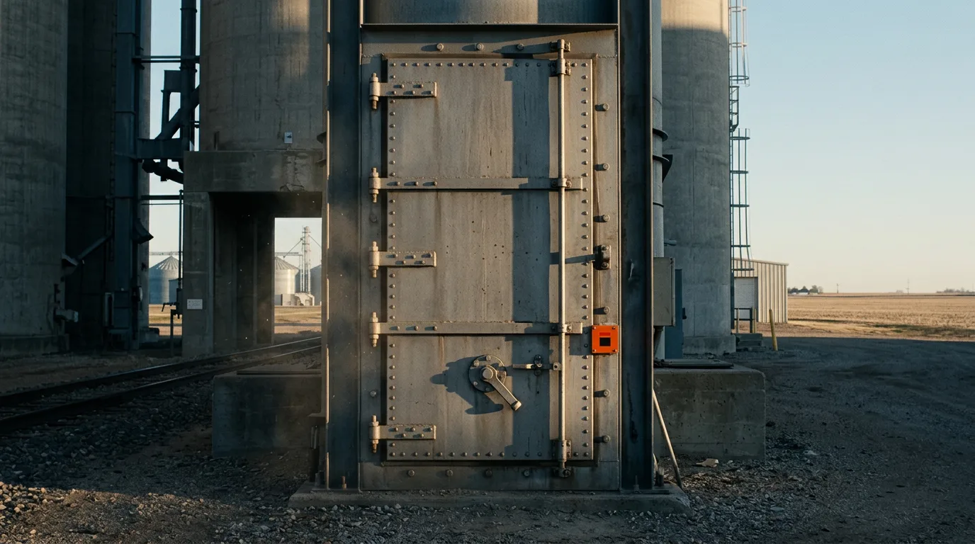 A grain silo door bolted shut, one bolt already unlatched in the first light.